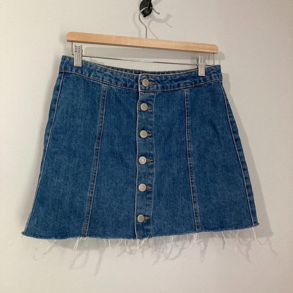 Denim Skirt Womens 6 Blue Button Front High Rise Raw Hem Mini Y2K Core Grunge